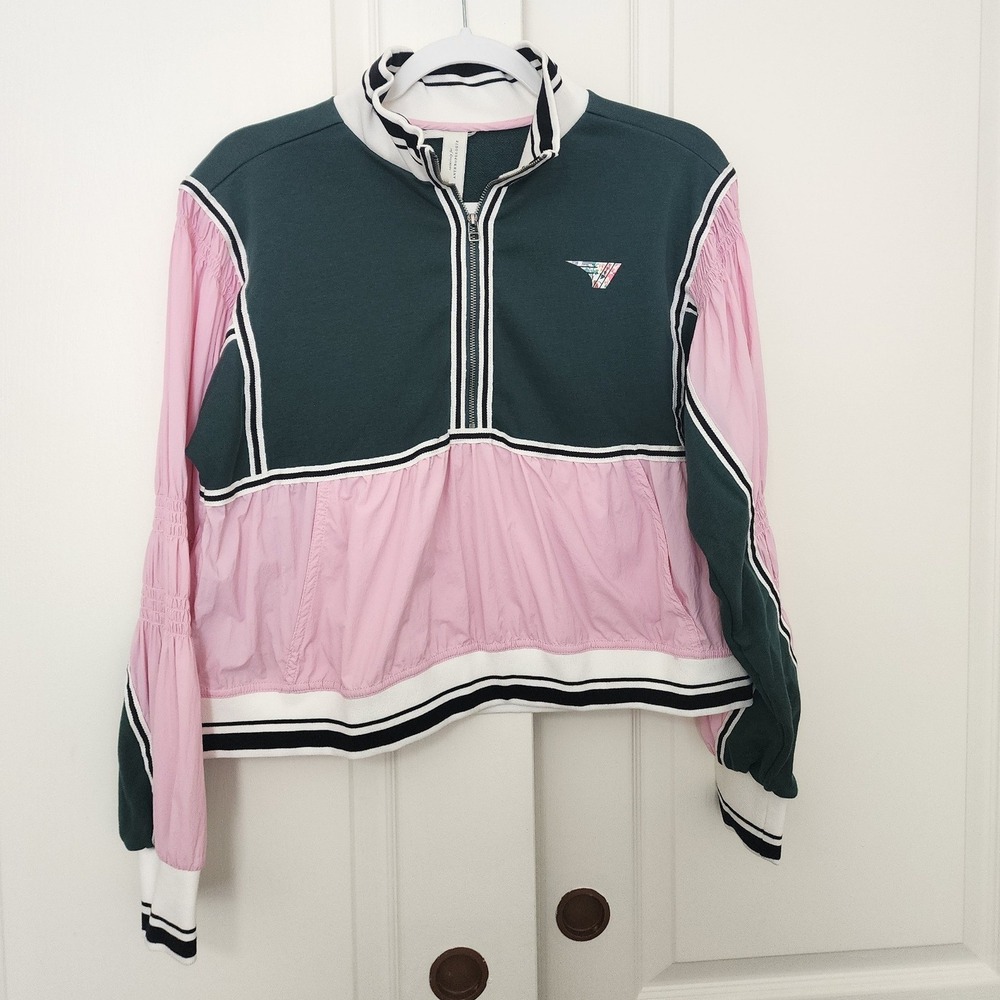 Gola for Anthropologie Mixed Media Quarter Zip Pullover Green Pink XS NEW